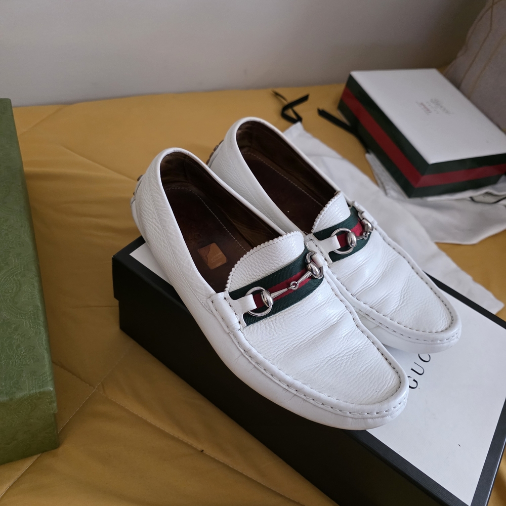 Authentic Gucci Men's White Loafers with Green and Red Accents